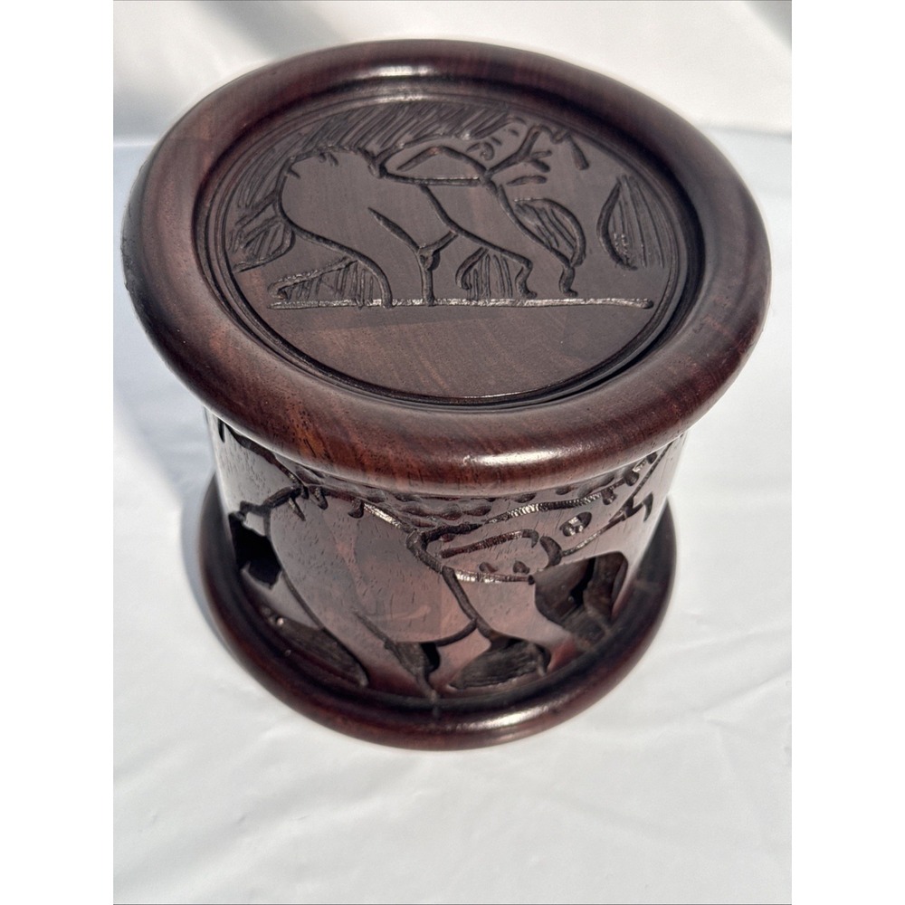 VTG Hand Carved African Ironwood Set of 6 Wooden Elephant Coasters Holder & Lid